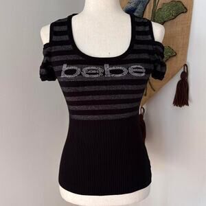 Bebe embellished cut out striped top